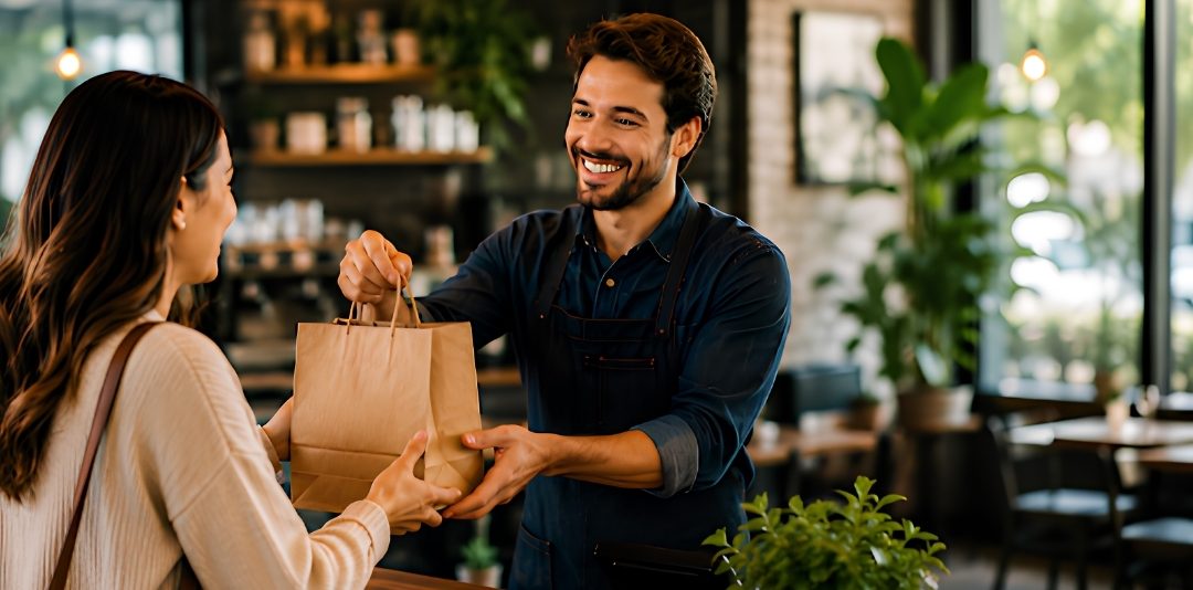 Barista hands a brown paper takeout bag to a smiling customer in a cafe.
